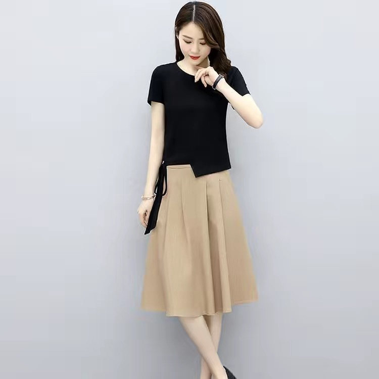  setup short sleeves t shirt knee height skirt 2 point set stylish Korea casual easy summer autumn size L color blank 