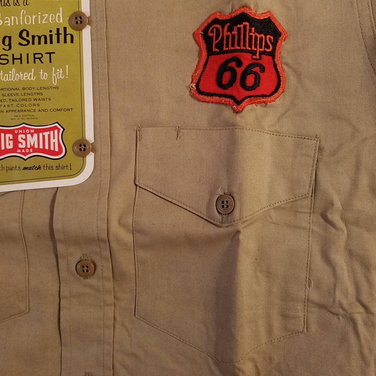 40s-50sデッドストック『BIG SMITH(ビッグスミス) / Phillips 66』長袖ワークシャツ 米国製 カーキ サイズM/ヴィンテージ_画像6