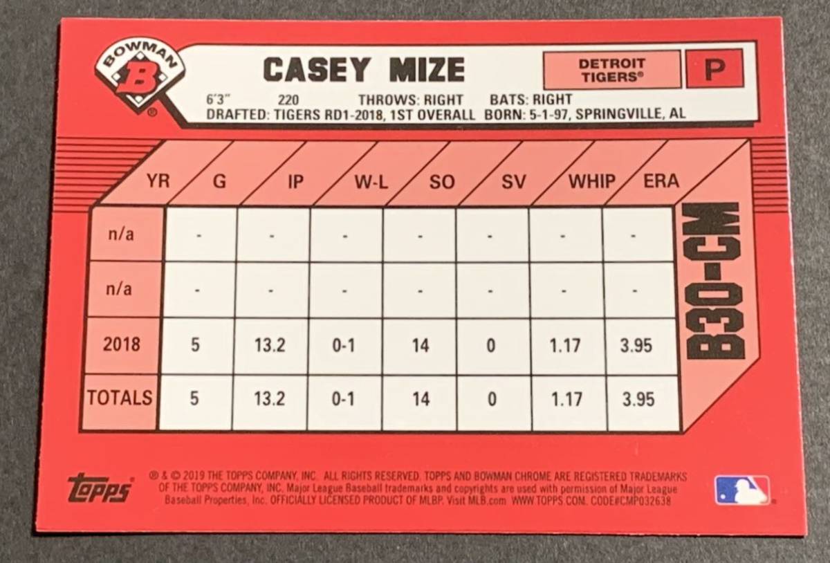 2019 Bowman Chrome 30th Anniversary Casey Mize B30-CM Tigers Topps MLB ケイシーマイズ　タイガース_画像2