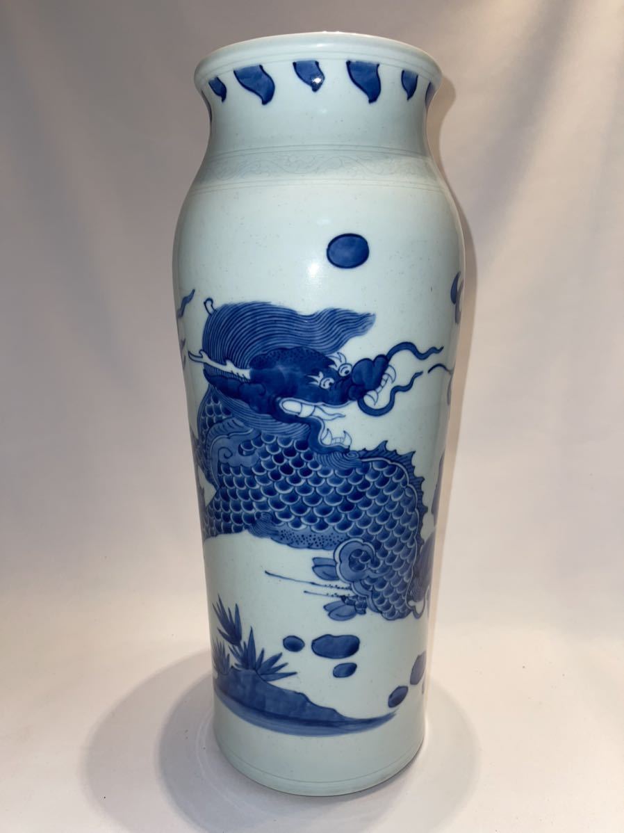 時代物 青花麒麟紋花瓶 染付花入 中国美術 唐物 高さ40.5cm