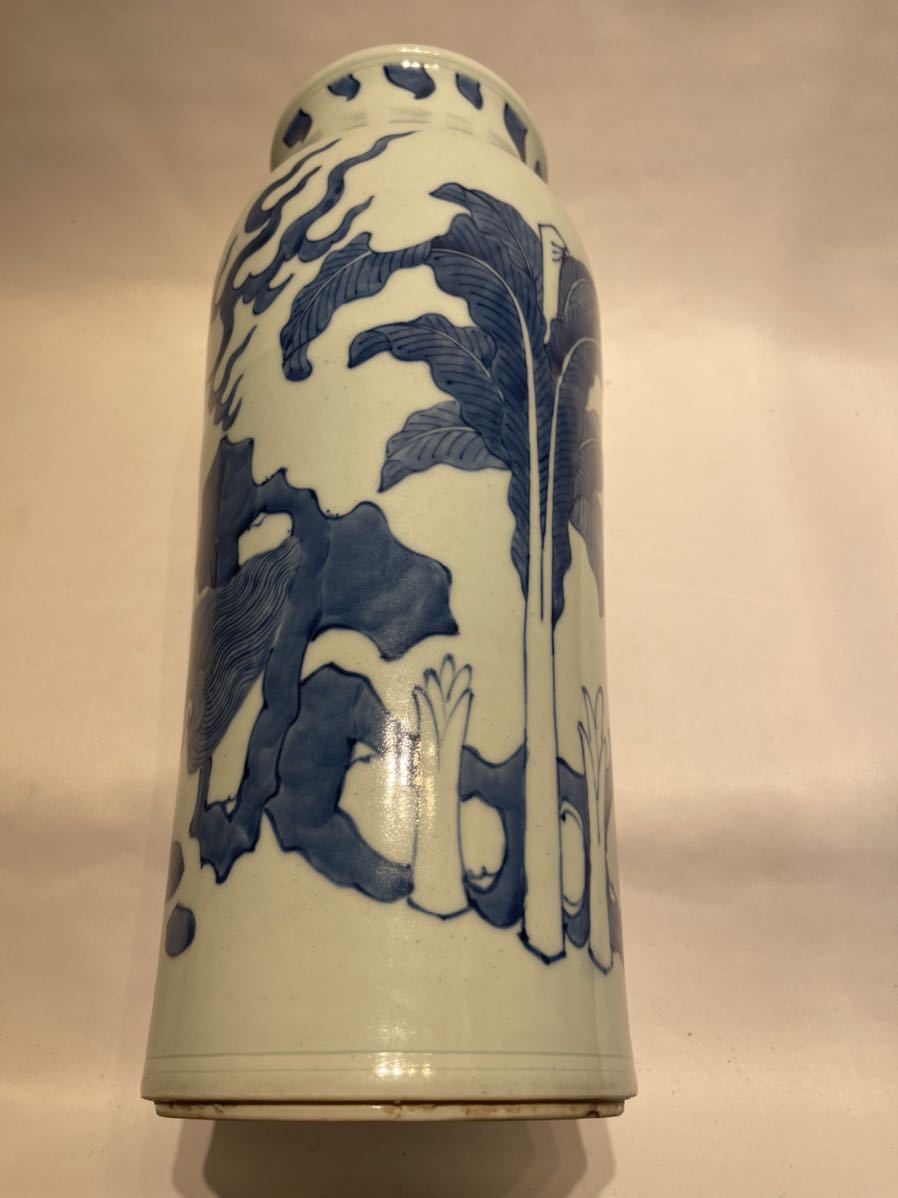 時代物 青花麒麟紋花瓶 染付花入 中国美術 唐物 高さ40.5cm