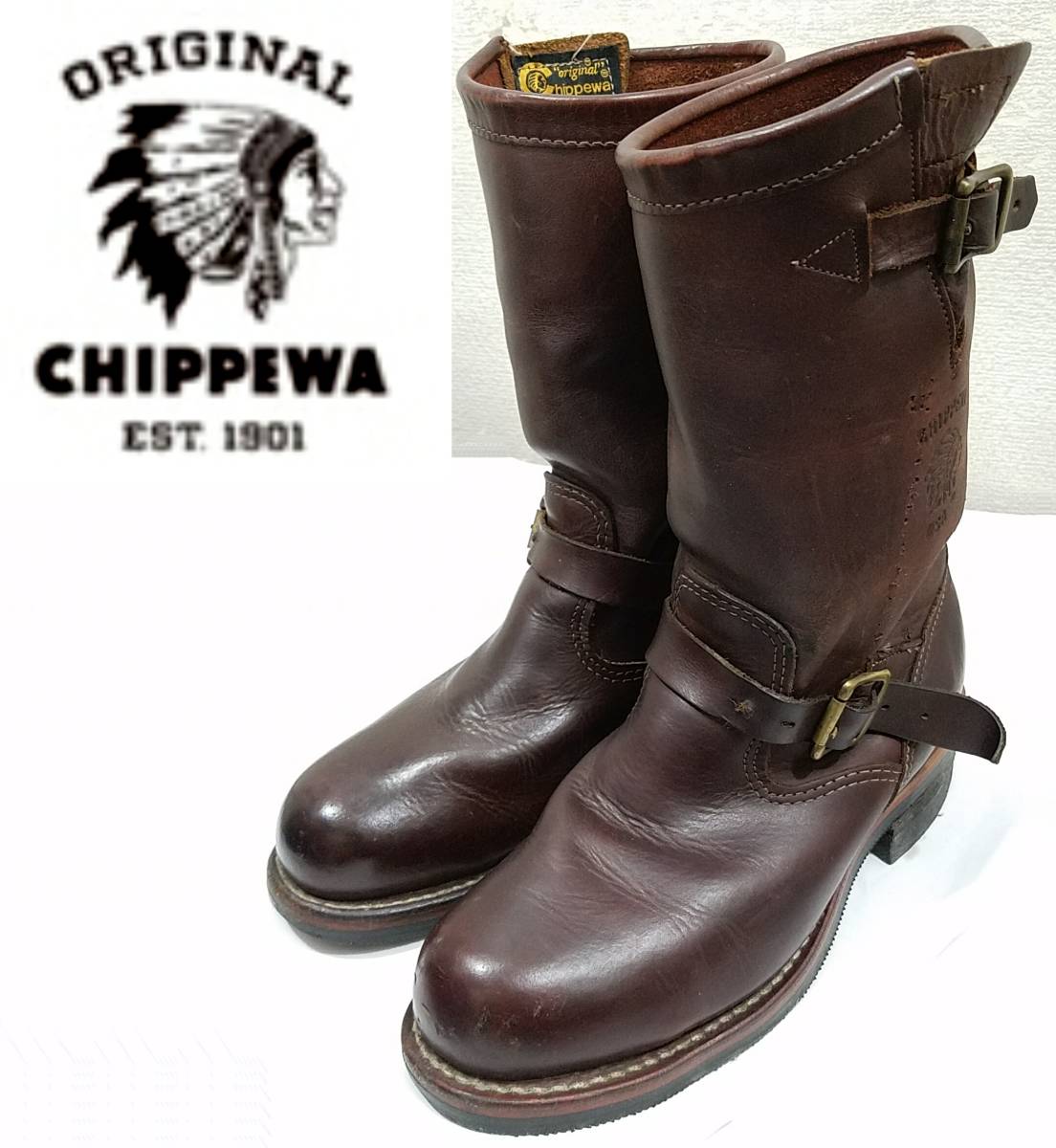 即決は送料無料 CHIPPEWAエンジニアブーツ7E(25cm)コードバン ゴールド金具ビブラムソール オイルドレザー91068ブラウン チペワ