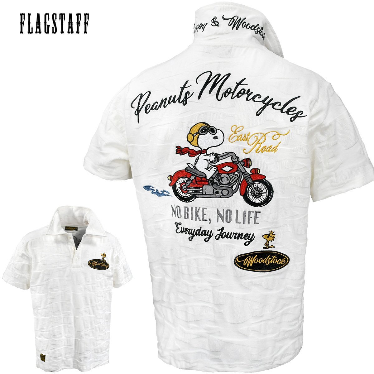 422064-10 FLAG STAFF スヌーピー SNOOPY コラボ 刺繍 ジャガード生地 バイカー バイク 半袖ポロシャツ メンズ(ホワイト白) XL 襟裏ロゴ