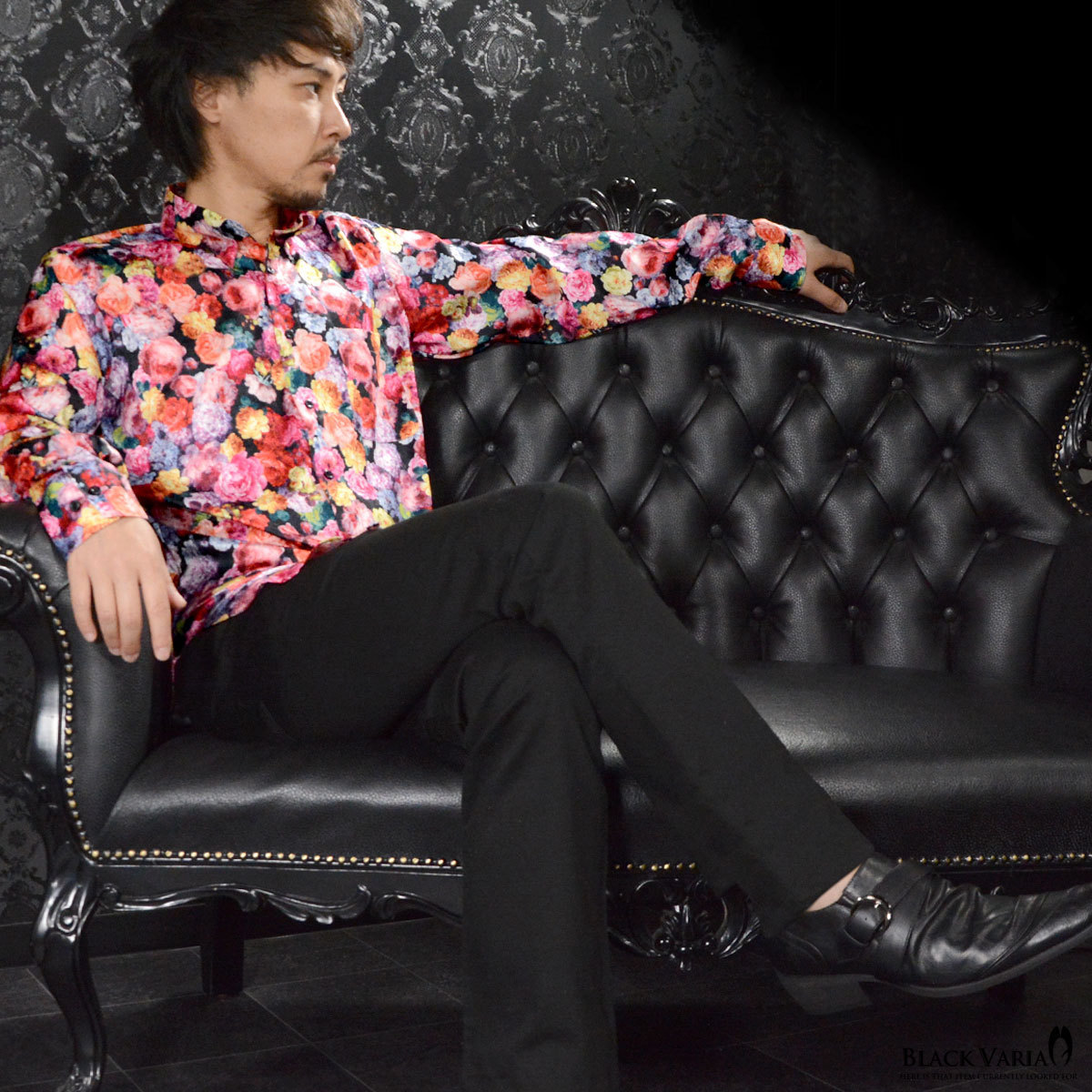 6#a171322-pkbk ブラックバリア ドゥエボットーニ 薔薇花柄 ジャガード[レギュラーカラー]ドレスシャツ メンズ(ピンク黒) LL パーティー_画像6