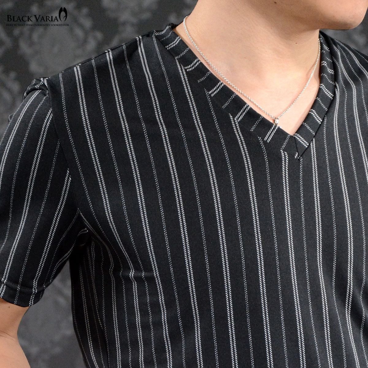 181302-bkwh ブラックバリア ストライプ ストレッチ 半袖 Vネック Tシャツ 日本製 細身 メンズ(ブラック黒ホワイト白) XL 総柄 スリム_画像5