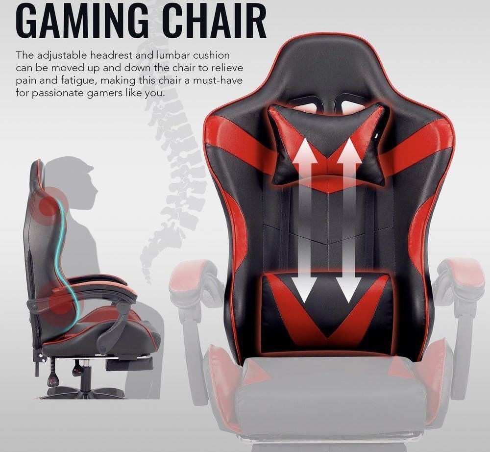 新品 ゲーミングチェア 椅子 ゲーミング リクライニング オットマン クッション Youtube 動画配信 事務椅子 作業椅子 デスクチェア 赤