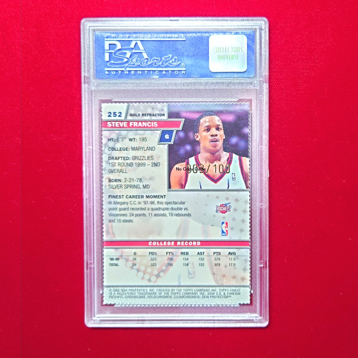 ◆Steve Francis Jersey#3【PSA9 RC】NBA 1999 Topps Finest ROOKIES Gold Refractor 3/100 W Coating card#252 ◇検索：ルーキーカード_画像2