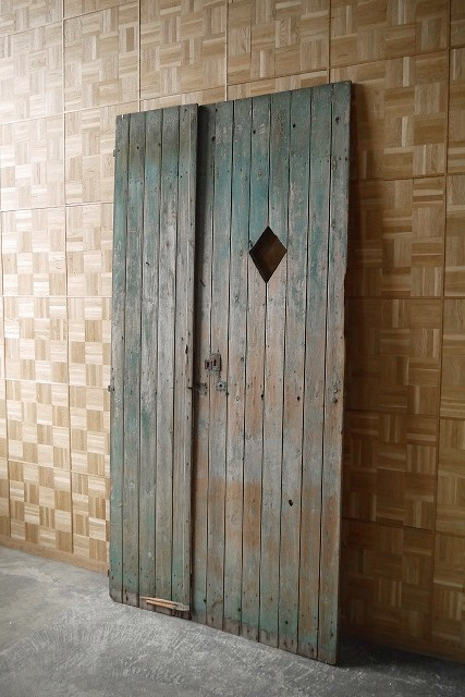  antique France large green paint wood door set door . gate .
