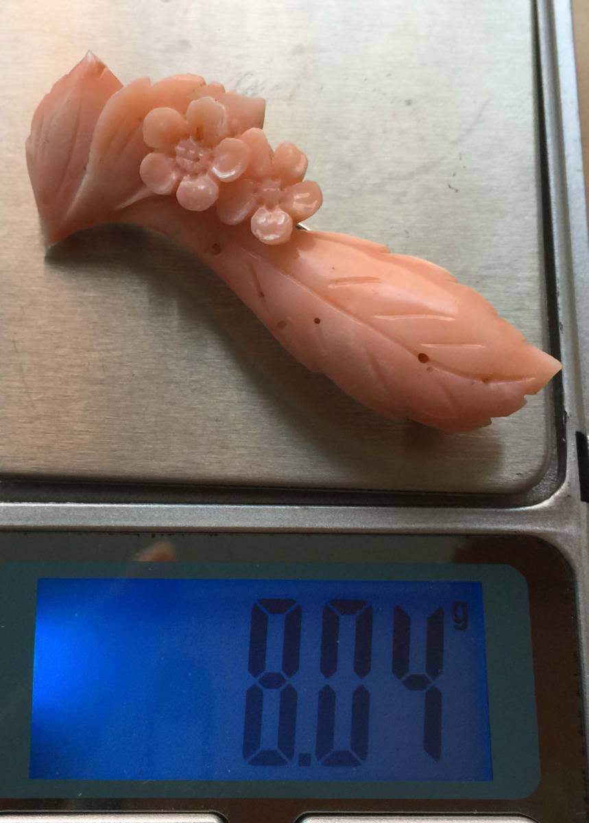  прекрасный товар подлинный товар гарантия натуральный персик коралл .. коралл скульптура Sakura брошь примерно 8g NO.3231
