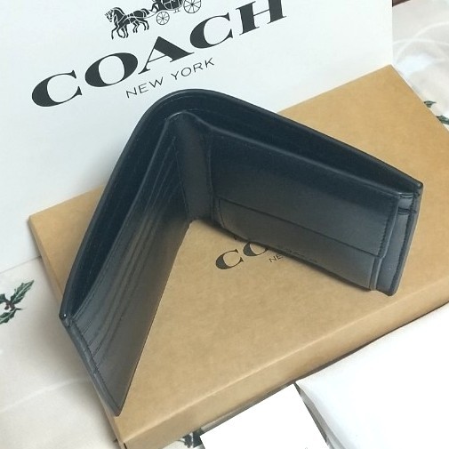 新品】 COACH コーチメンズ 二つ折り財布【ブラック】 シグネチャー