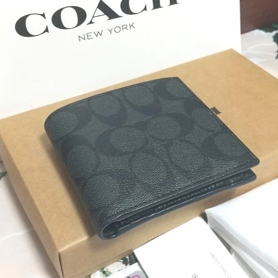 新品】COACH コーチメンズ二つ折り財布【ブラック】シグネチャー 小銭