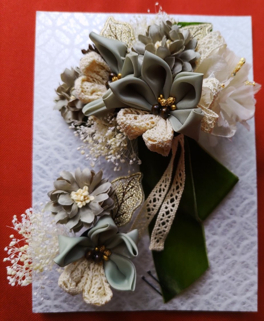 860◇洋風つまみ細工 かんざし セット 緑 グリーン 2点 アクセ 結婚式 成人式 卒業式 発表会 等 カントリー ゴシック ヘアコーム