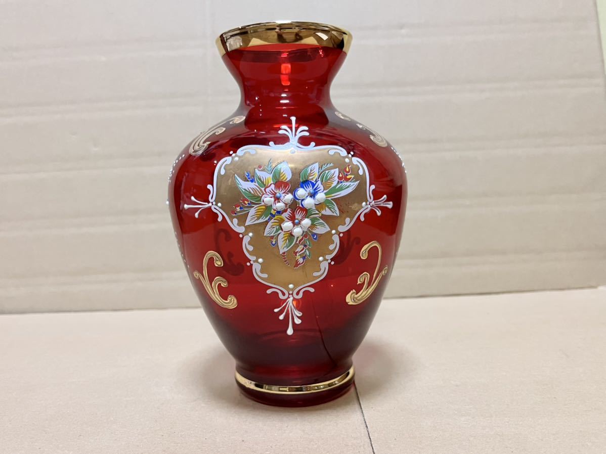送料無料 ベネチアングラス ムラーノ グラス 花瓶 赤 金彩 フラワーベース イタリア製 murano glass