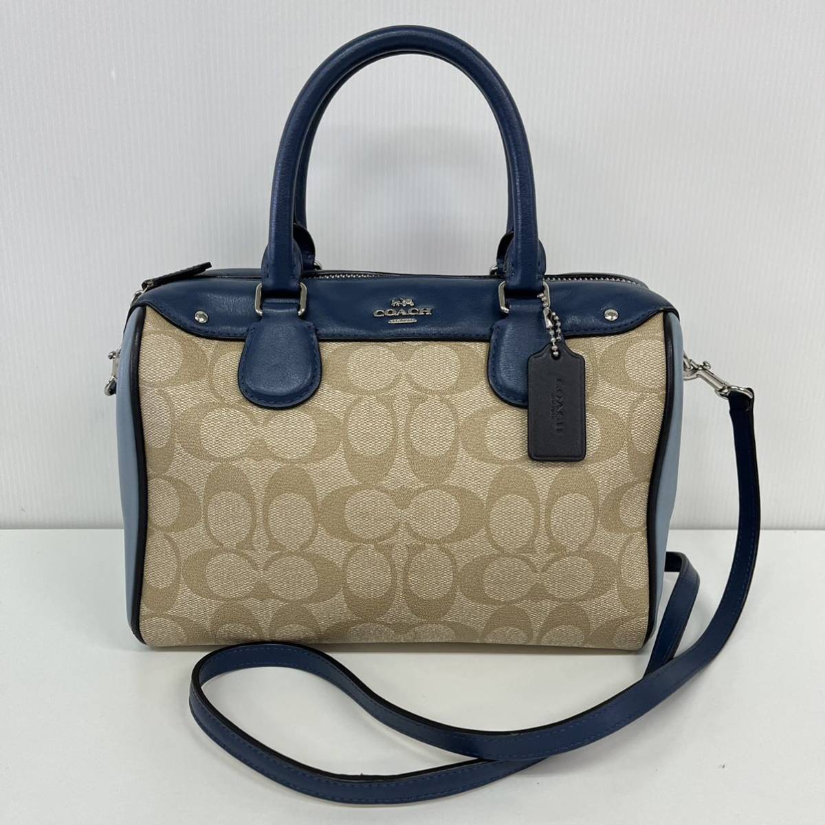 良品 COACH コーチ シグネチャー 2way ショルダーバッグ ハンドバッグ ベージュ ブルー系 F57495 480