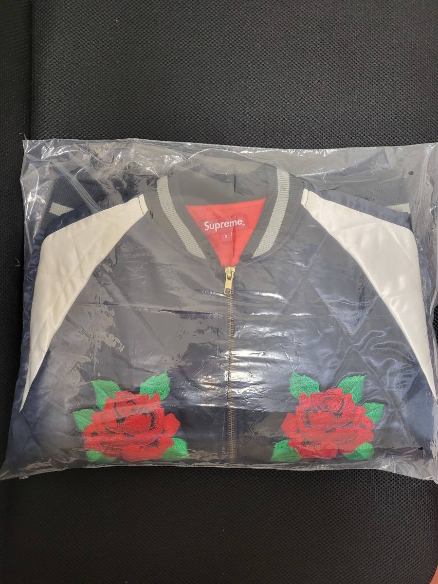 ★値下げ【即決/送料込】Supreme Quilted Satin Bomber Jacket Navy×White S 13FW シュプリーム  ジャケット スカジャン