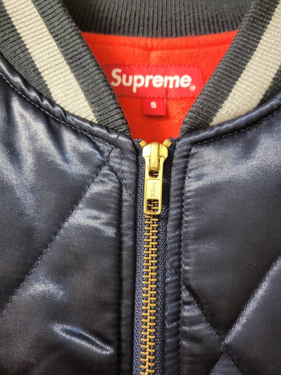 ★値下げ【即決/送料込】Supreme Quilted Satin Bomber Jacket Navy×White S 13FW シュプリーム  ジャケット スカジャン