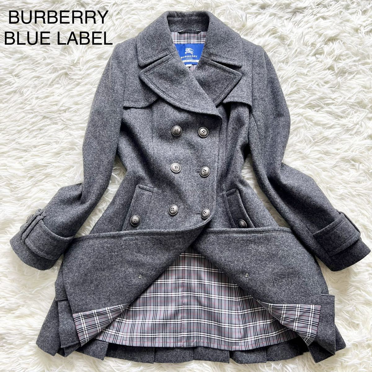 【美品】BURBERRY BLUE LABEL バーバリーブルーレーベル ロングコート ピーコート ダブル 38 M位 ノバチェック Aライン