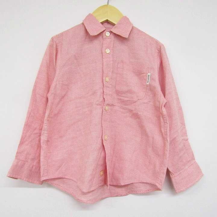  Miki House длинный рукав проверка оскфорд рубашка Logo бирка для мальчика 110 размер красный розовый Kids ребенок одежда MIKI HOUSE