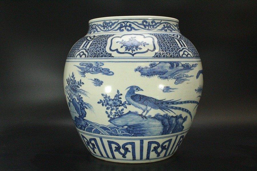 【全品送料無料】 銀閣】中国美術 旧家蔵出(ZD608) φ40.5cm 大罐 花鳥紋 青花 青磁