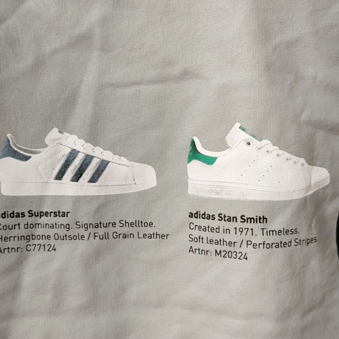 アディダス半袖TシャツS　黒　バックに歴代のスニーカープリント adidas　Superstar　Stan Smith　サンダルも