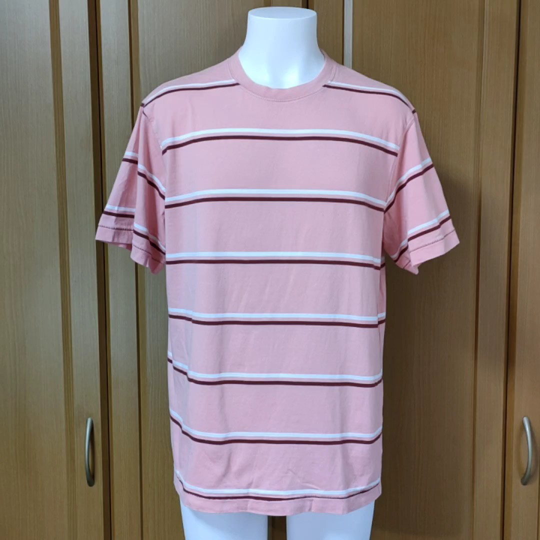 AIGLE半袖TシャツL/LL　ピンクボディに細2色ボーダープリント　袖にロゴマーク刺繍　気持ちのいい肌触り綿100％　エーグル