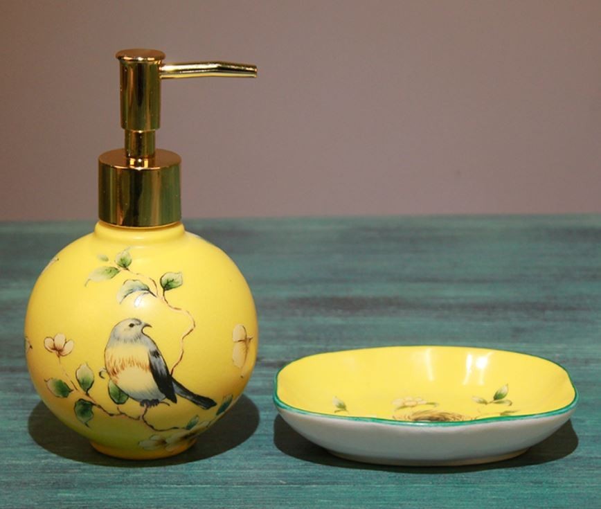  sanitary set soap dispenser & soap dish flower . small bird shino wazli manner ( yellow × round )