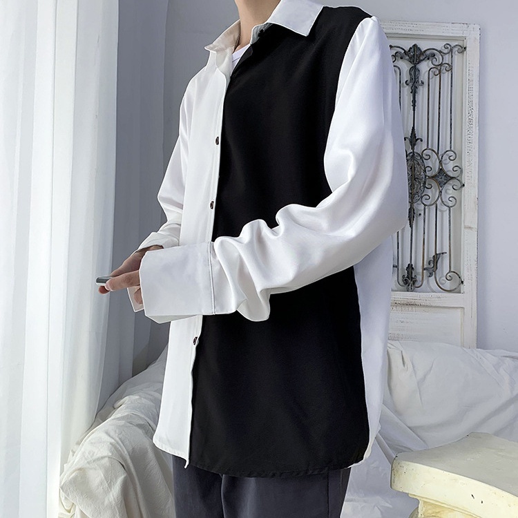 シャツ メンズ 長袖 バイカラー 白黒 XL モード 韓国ファッション 