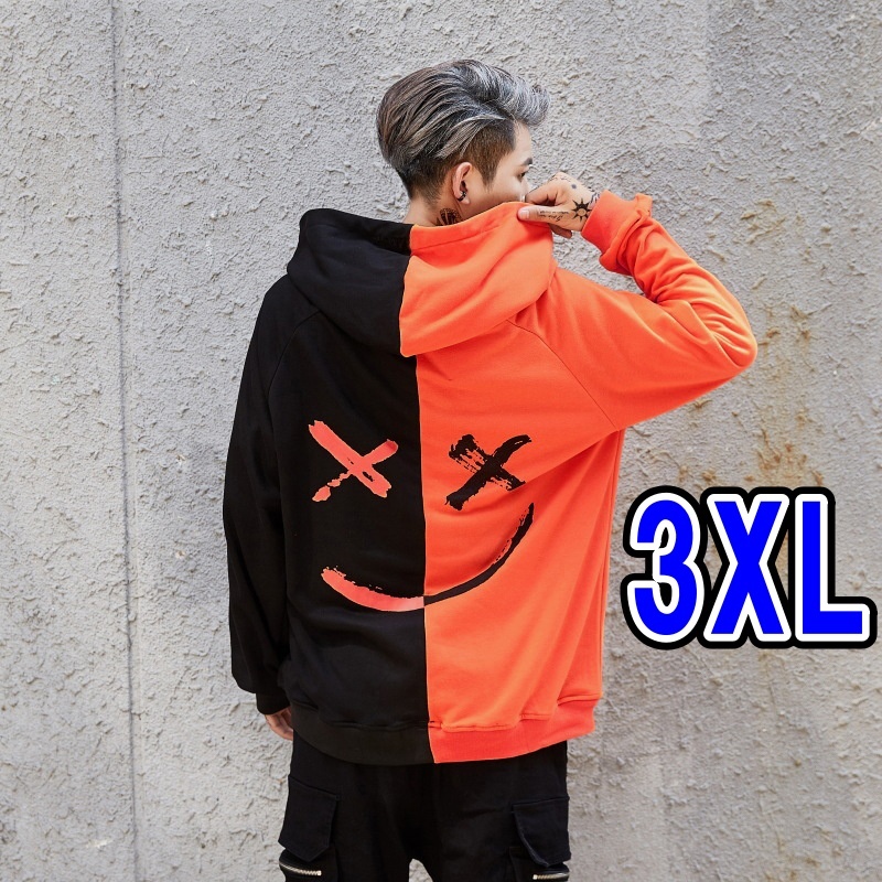 バイカラーパーカー メンズ ニコちゃん スマイル 3XL オレンジ バイカラーパーカー メンズ ニコちゃん スマイル 3XL オレンジ