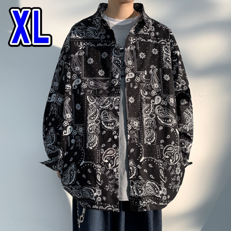 総柄 ペイズリー シャツ 長袖 メンズ 韓国 春秋 モード シャツ メンズ 長袖 ペイズリー柄 総柄 XL ブラック 韓国