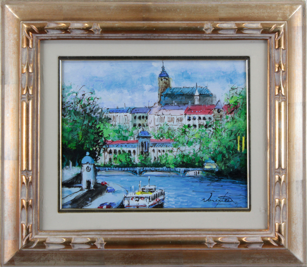 絵画 「ヨーロッパ風景」油絵 ナンシー・リー 額装済み - 美術品