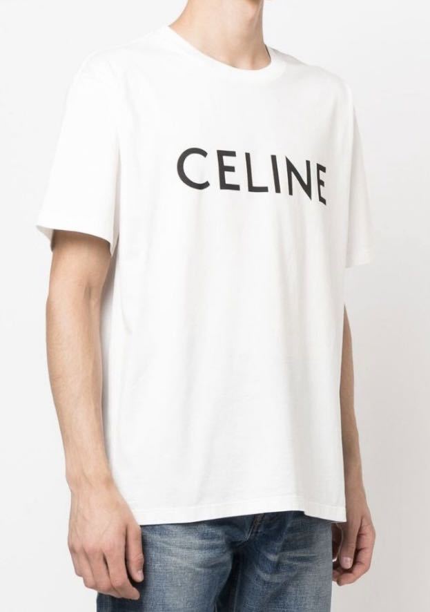 正規 19SS CELINE セリーヌ Hedi Slimane エディスリマン ロゴ プリント クルーネック Tシャツ 白 XL X008370E