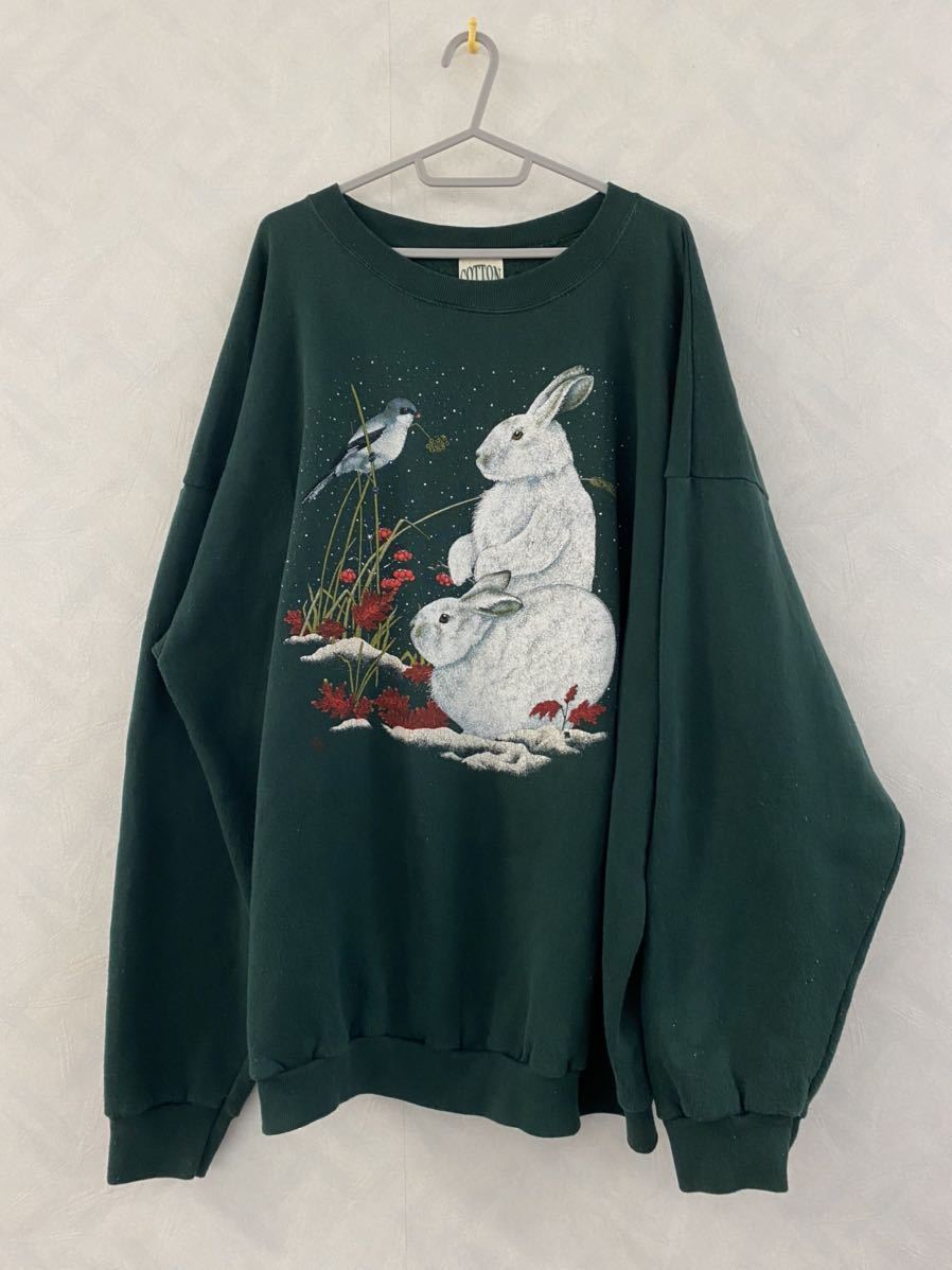 COTTON GROVE スウェット サイズ3XL MADE IN USA ビンテージ 90s 古着 ウサギ 鳥 雪 トレーナー ビッグサイズ_画像1