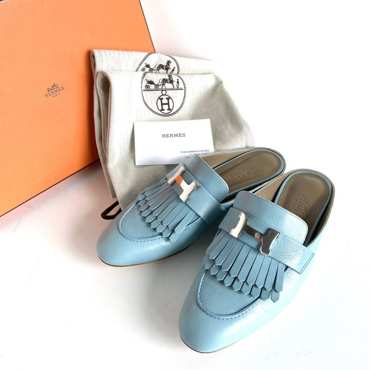 美品 HERMES リヴォリ ミュール 36 1/2 ライトブルー コンスタンス