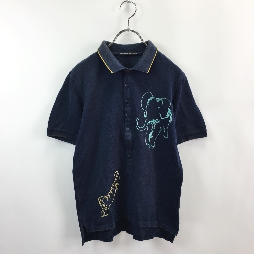TSUMORICHISATO/ツモリチサト 半袖 ポロシャツ 鹿の子 ネイビー 紺 刺繍 サイズ1 綿100％ レディース_画像2