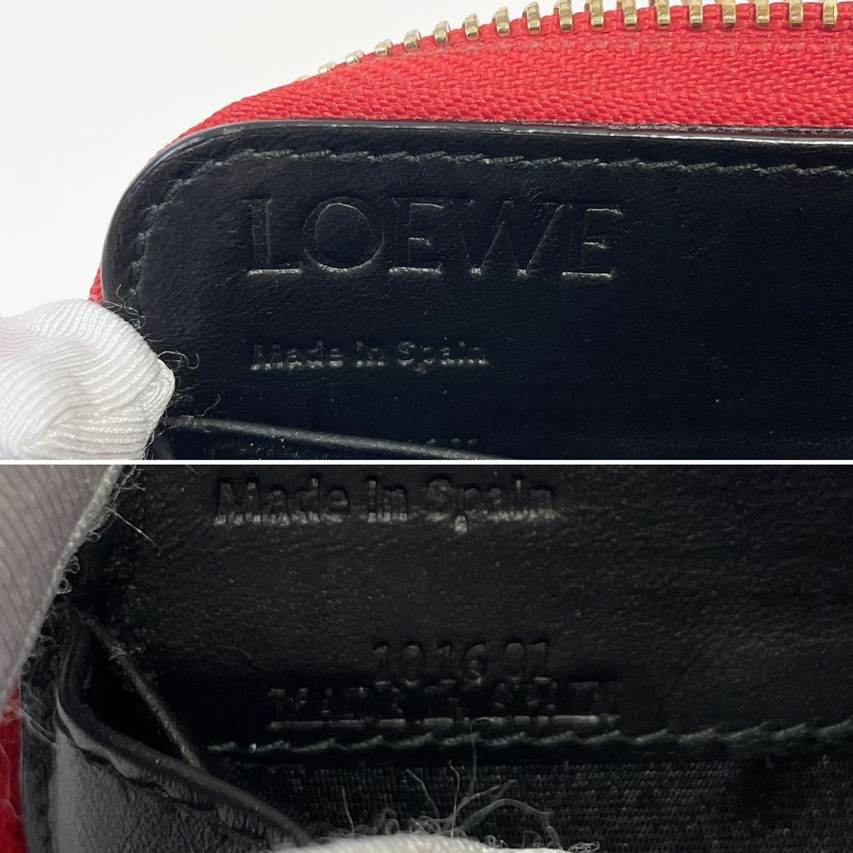 ★LOEWE ロエベ アナグラム リネン ラウンドファスナー ジップ 長財布 本革 レッド 赤【鑑定済み 本物保証】の画像9