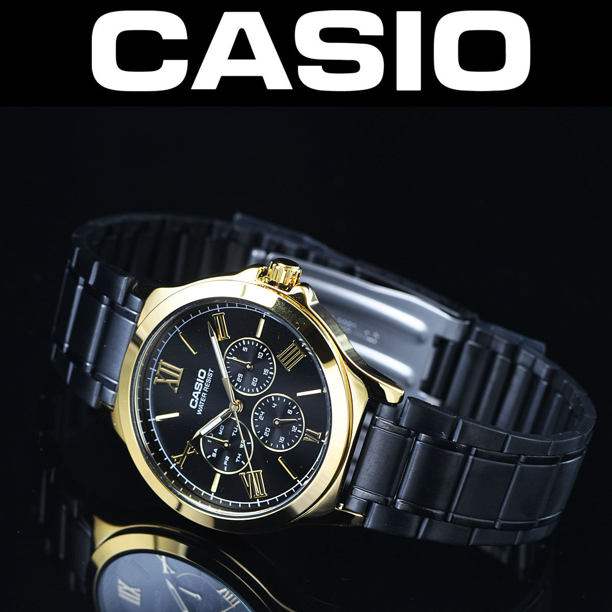 逆輸入カシオ 精悍ブラックIP＆豪華ゴールド 30m防水 最新モデル マルチファンクション 腕時計 新品 CASIO メンズ 本物 日本未発売
