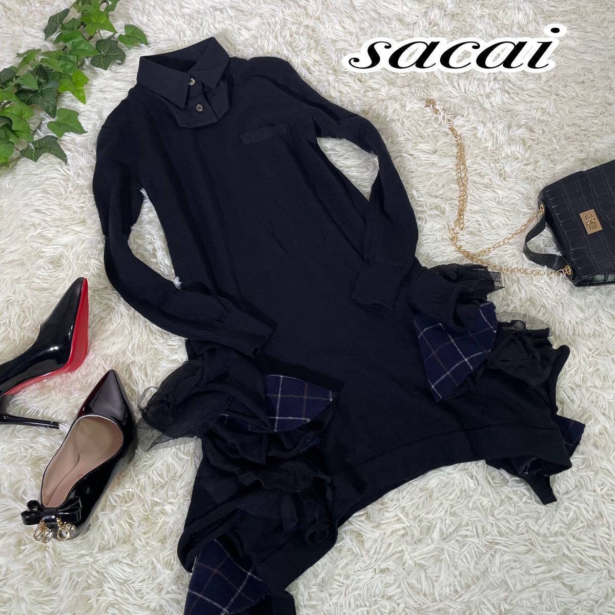 美品】sacai サカイ 長袖ニットワンピース フリル シャツ サイズ1