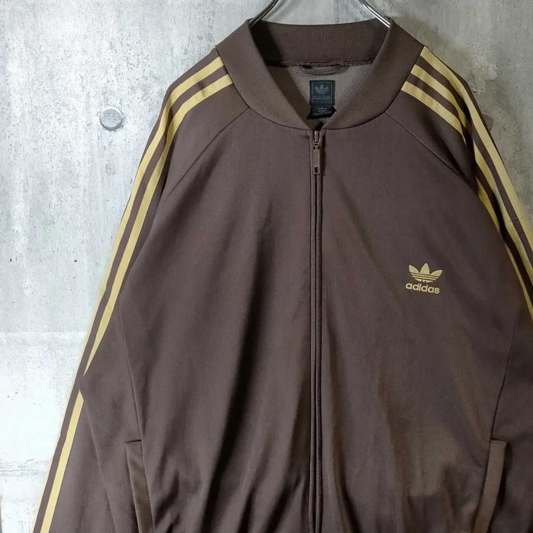 希少サイズ 4XL adidas アディダス 茶 金 刺繍 Brown Gold ブラウン ゴールド ヴィンテージ ジャージ 古着 上着 トラックジャケット 三つ葉