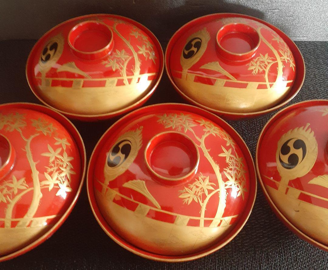 古作品】 朱漆塗り 蒔絵 垂れ幕に紅葉の図 蓋付き 吸い物椀 5客 【昭和