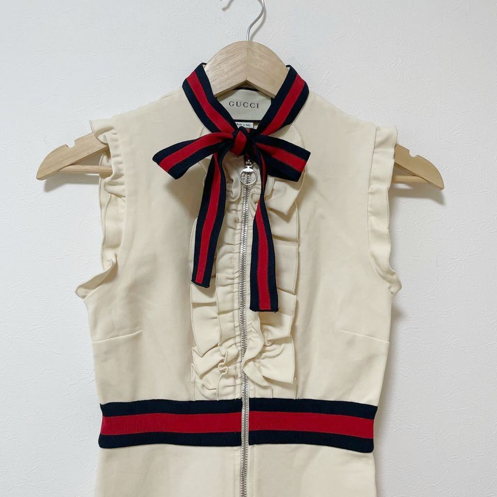 美品 GUCCI ウェブトリム ジャージーストレッチワンピース クリーム XS