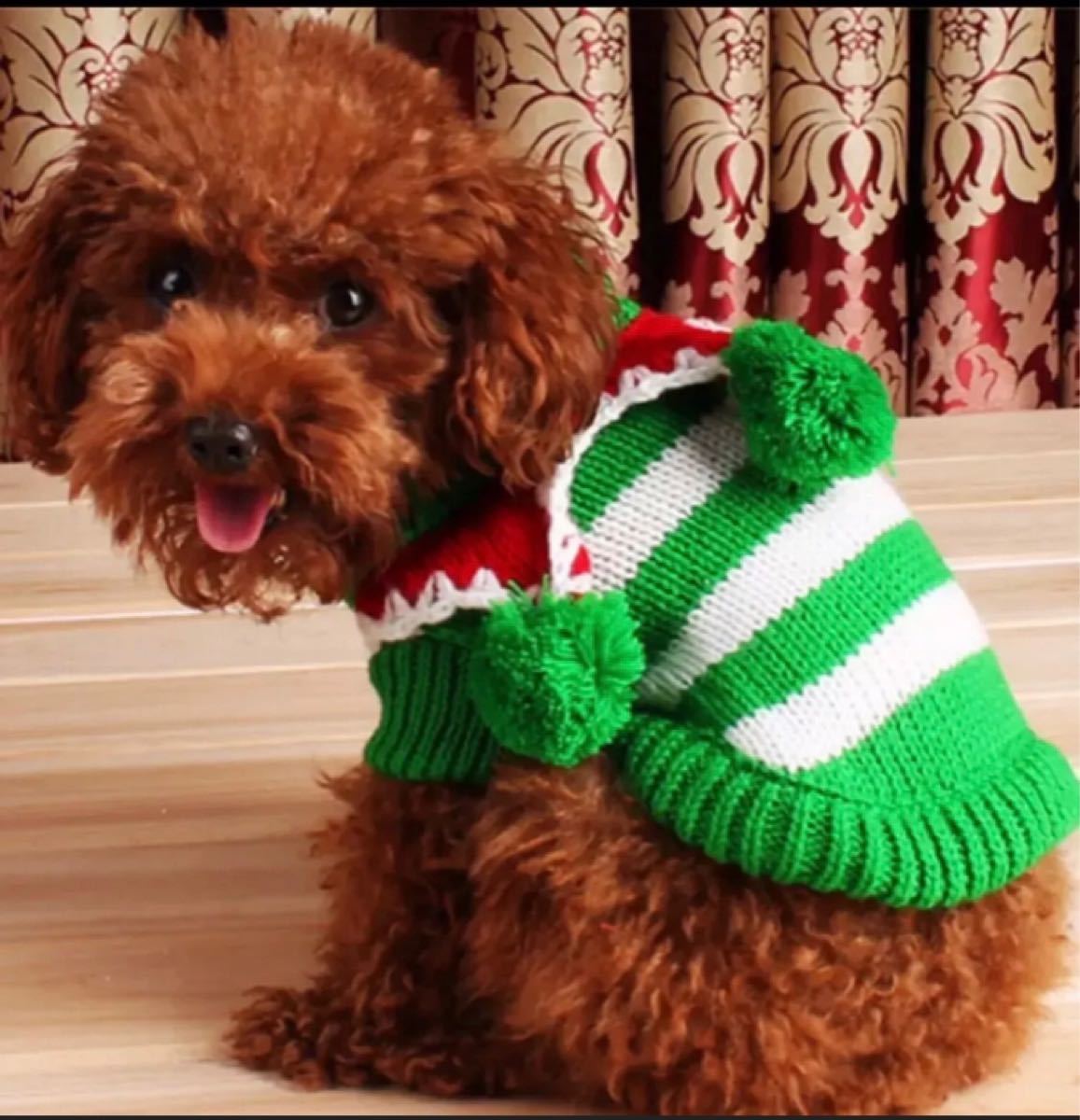猫犬用　グリーンボーダーニット　クリスマスに向けコスプレアイテム！暖かいので快適にお過ごしできます。