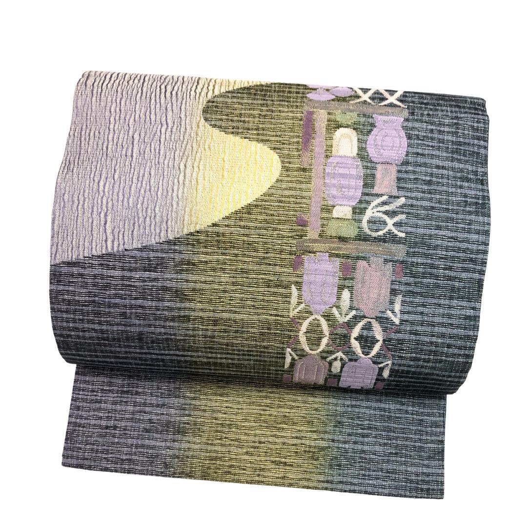 O-2086 袋帯 2way 雪輪紋に花柄 抽象模様 紫苑色 ガード加工