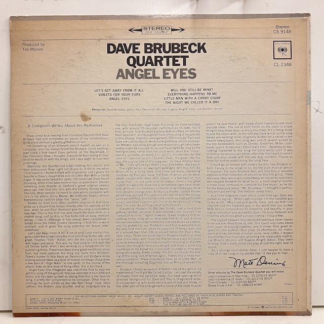 ●即決LP Dave Brubeck / Angel Eyes j34272 米オリジナル、黒矢Stereo 2eye デイヴ・ブルーベック_画像4