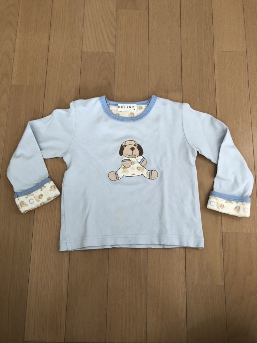  Celine long sleeve T shirt 90cm light blue dog. badge Onward . mountain made in Japan 