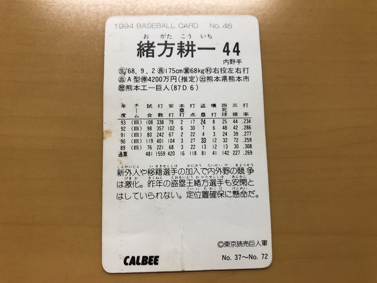 カルビープロ野球カード 1994年 緒方耕一(巨人) No.46の画像2