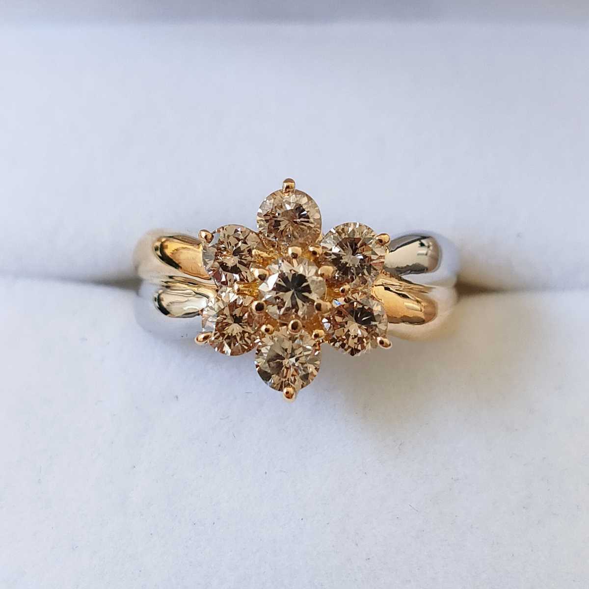 ブラウンダイヤモンド フラワー リング K18YG Pt900 1.00ct 5.1g friar.ca