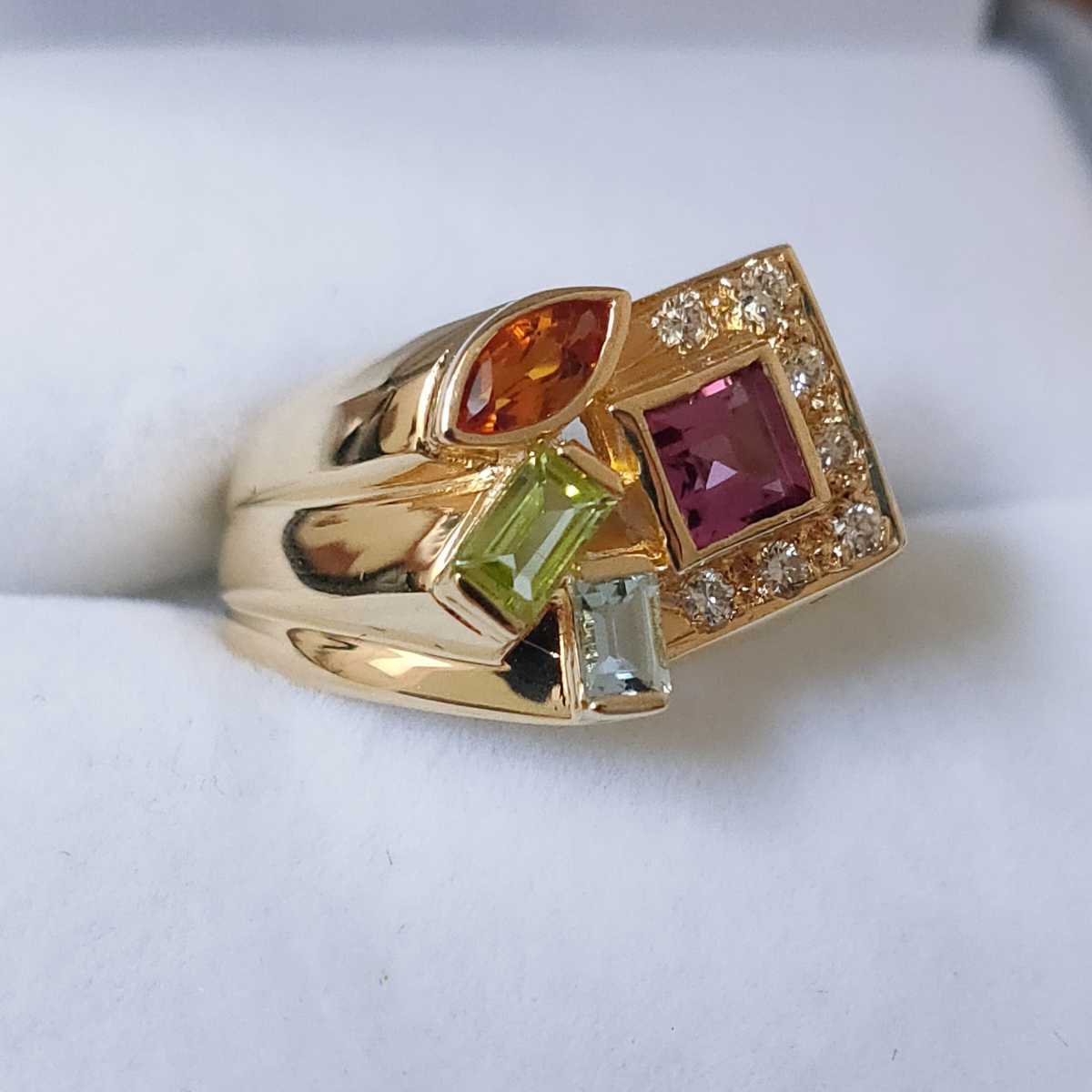 ダイヤモンド×ピンクトルマリン×ブルートパーズ リング K18YG 0.09ct
