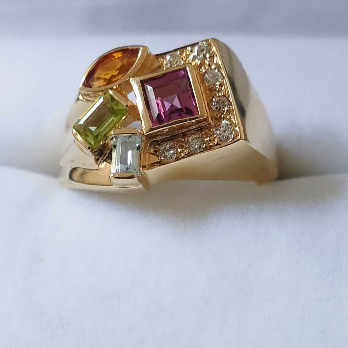 ダイヤモンド×ピンクトルマリン×ブルートパーズ リング K18YG 0.09ct
