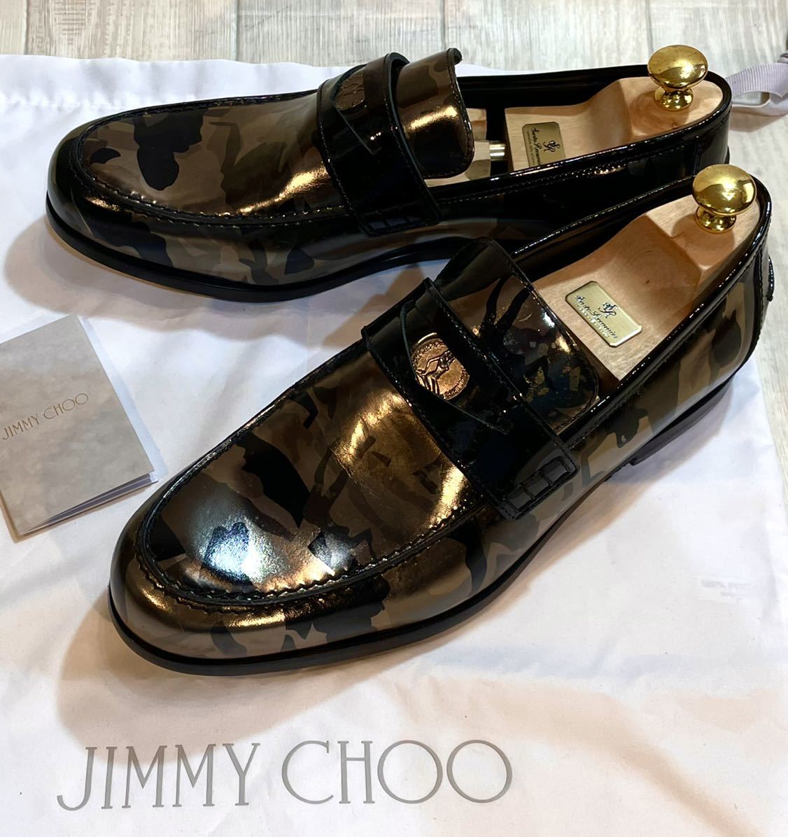 【未使用】JIMMY CHOO ジミーチュウ◆25cm 40◆コインローファー モカシン 革靴 ビジネスシューズ ドレスシューズ メンズ 迷彩柄 ITALY製