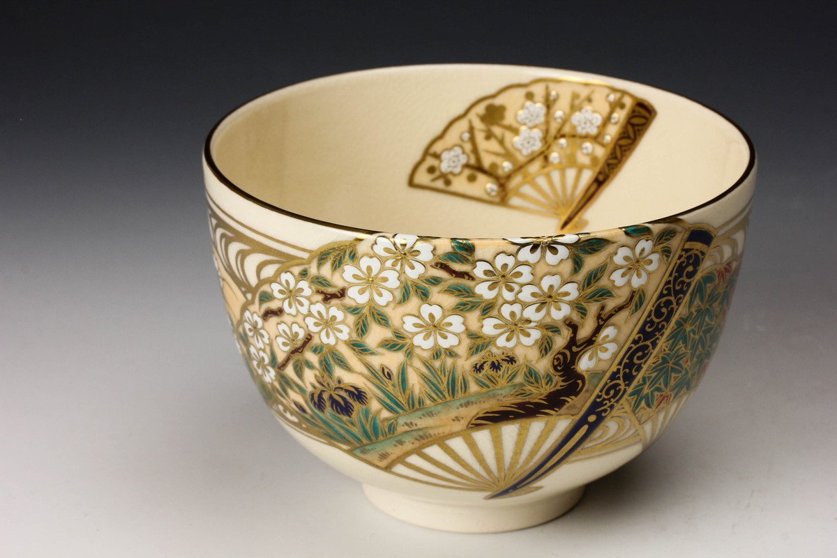 杉田祥平 清閑寺窯 色絵観世波に扇面画茶碗 共箱 共布 栞 茶道具 本物
